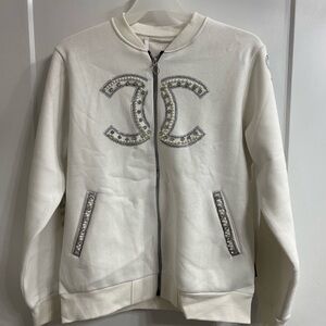 Designer chanel logo White Zip-Up Jacket with Pearl Embellished Logo